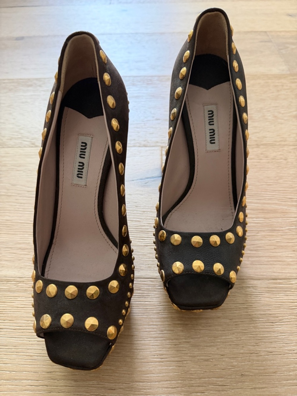 Miu Miu Women's Brown Suede Studded Peep-Toe Pumps